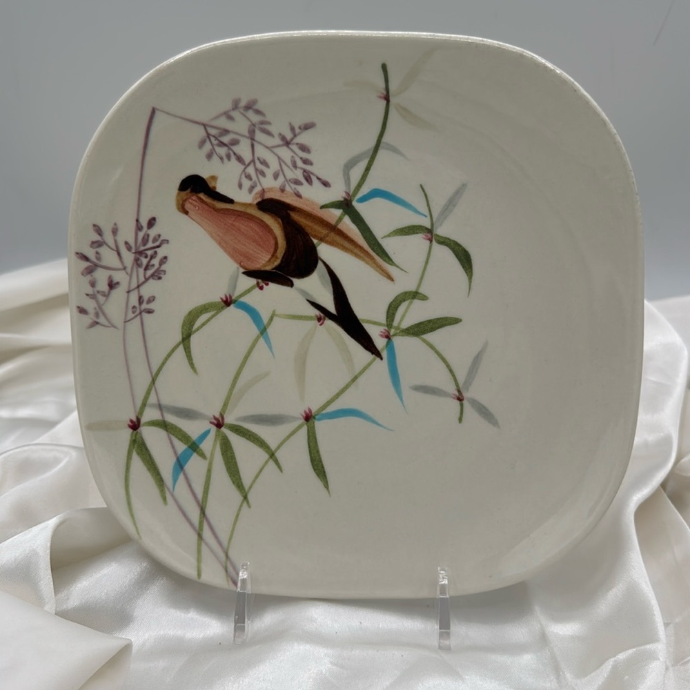 Red Wing Spring Song Salad/Snack plate, hand-painted design of birds and bamboo